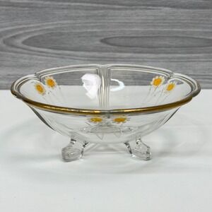 Vintage 1930s Lancaster Jubilee Depression Glass 3 Footed Daisy Bowl Gold Trim